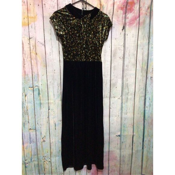 Vintage 90’s BENDIGO IMPRESSIONS VELVET Dress Size Small Funky Maxi Black Multi - Picture 1 of 16